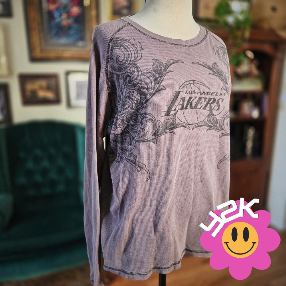 UNK Lakers Thermal Shirt Vintage Y2K Los Angeles NBA Graphic Waffle Knit XL Gray